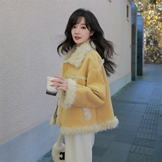 温柔风羊羔毛短外套女冬季2025新款韩系加绒加厚毛茸时髦保暖棉衣，女装棉衣/棉服，2C122