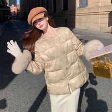 现货！（90新标带检）人丝提花新中式圆领狐狸毛贵气优雅羽绒服女，女装羽绒服，浙宝189