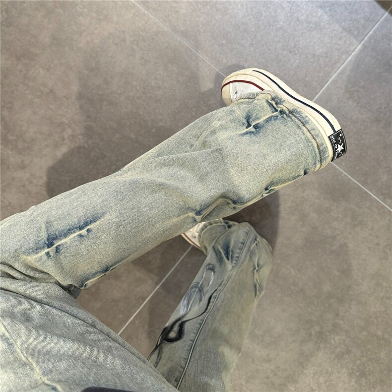 网图黄泥色火焰牛仔裤男美式高街vibe裤子直筒微喇裤GT811-P48,男装牛仔裤,星座1001-1