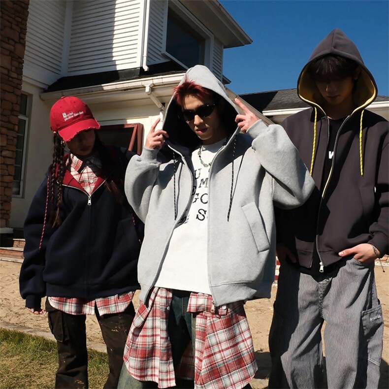 抖音得物二开美式高街重磅结构双层撞色连帽卫衣开衫外套W116，女装短外套，电商A486-1