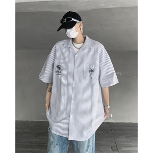 F338-P43 夏季新款潮牌宽松休闲百搭衬衣日系复古短袖衬衫男 现货图片