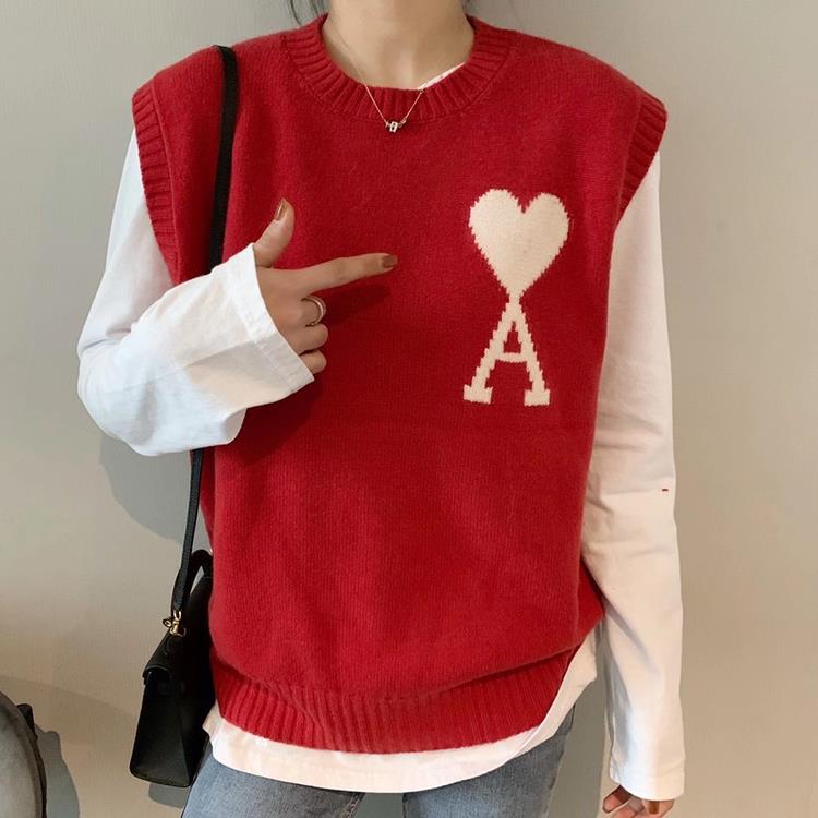 时尚百搭爱心字母提花女士马甲圆领毛衣背心,女装马甲,洁纯羊绒