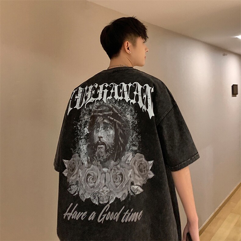 抖音供货、230克现货水洗印花宽松版短袖T恤D223A-ST2324-P35,男装T恤,电商019-1