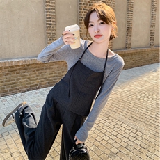 韩版时尚挂脖上衣长袖打底套装女2025春秋季新款显瘦阔腿裤两件套，女装套装/套裙，2C255