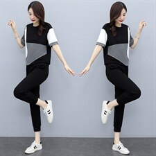 2023夏季新款简约气质圆领拼色休闲运动风潮流两件套，女装套装/套裙，千千佰惠
