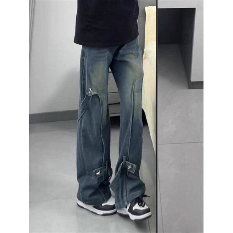 现货美式微喇绑带牛仔裤男女宽松直筒复古小众拖地长裤WLD99-P62，男装牛仔裤，星座1008