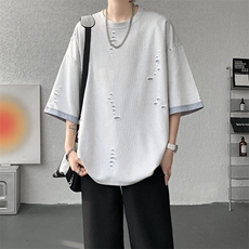 T10137-特批33控68开口笑高品质夏季大码短袖破洞潮流百搭T恤，男装T恤，电商A059