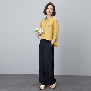 棉麻套装女2026年新款夏装搭配一整套中年妈妈阔腿裤装亚麻两件套图片