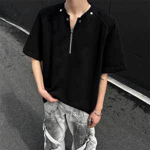 夏季亨利领半拉链小众设计垫肩短袖T恤男潮牌宽松A210A-TX20-P30，男装T恤，电商A210A