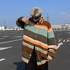 针织开衫男女韩版潮流高街拼色条纹宽松2024秋冬ins毛衣MZ472-P58，男装针织衫/毛衣，星座412-2