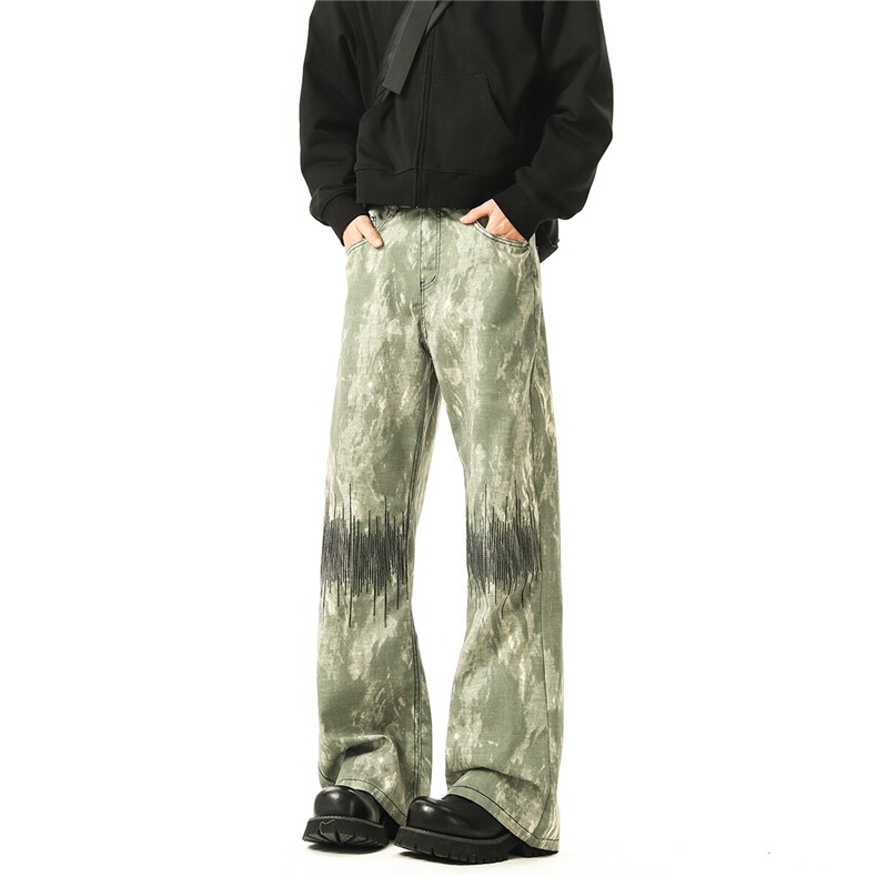 现货~美式复古迷彩微喇重工心电图刺绣牛仔裤XZ502-K763-P65控89，男装牛仔裤，星座502