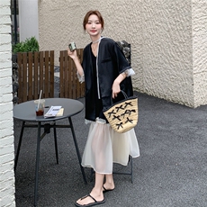 黑色贵气感穿搭套装女2025夏季新款蕾丝拼接无领西装背心裙两件套，女装套装/套裙，2D078