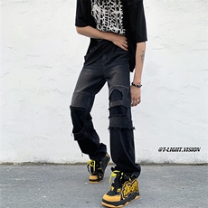B221美式ins高街暗黑小众撞色破洞直筒牛仔裤LK23109-P65控88，男装牛仔裤，电商B221