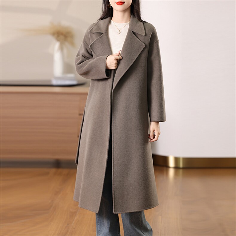 翻领双面羊毛大衣女中长款2025秋冬新款轻奢双面呢大衣，女装毛呢外套，众策羊绒