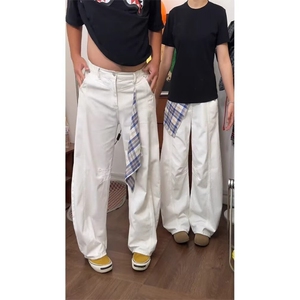 格纹口袋弯刀工装裤男春季潮痞帅宽松直筒牛仔休闲裤子新款时尚图片