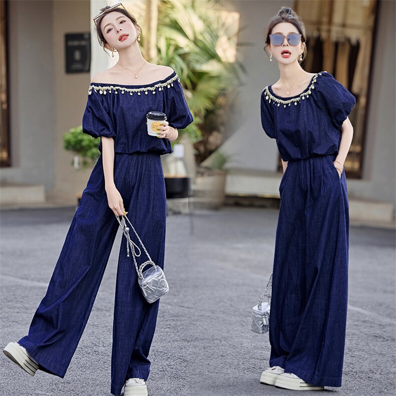 夏季薄款松弛感气质一字肩牛仔套装女超好看高腰显瘦拖地裤两件套，女装套装/套裙，微微衣阁