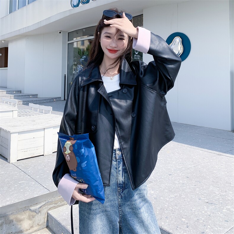 美式复古短款黑色皮衣外套女春秋2025新款小个子PU夹克爆款高级感,女装皮衣,2C131