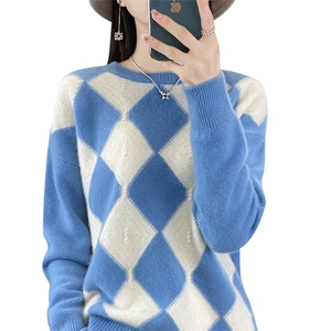 秋冬圆领加厚100%纯羊毛衫女菱形拼色针织毛衣宽松羊绒衫长袖上衣图片