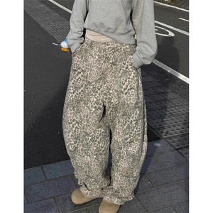 复古豹纹弯刀牛仔裤女夏季新款街头辣妹廓形宽松拖地长裤 KN1504图片