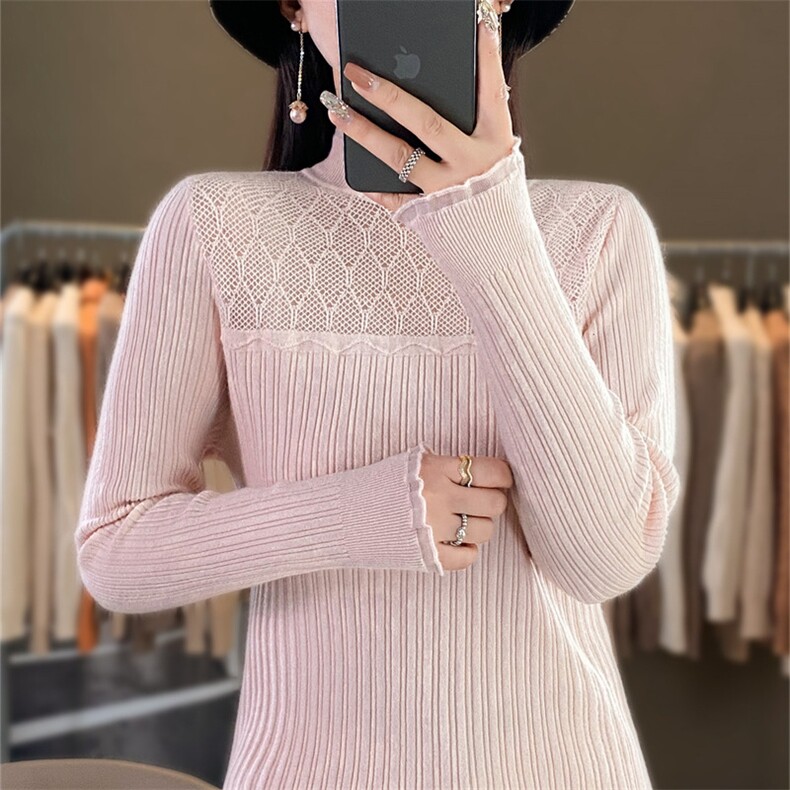 时尚半高领欧根纱拼接针织衫显瘦修身长袖毛衣女款,针织衫/毛衣,暖姿羊绒