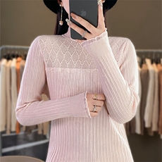时尚半高领欧根纱拼接针织衫显瘦修身长袖毛衣女款，女装针织衫/毛衣，暖姿羊绒