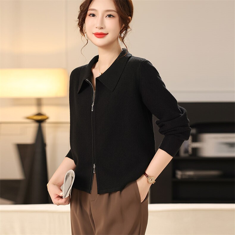 时尚百搭女士秋冬翻领拉链安迪绒开衫显瘦修身长袖针织衫，女装针织衫/毛衣，秋虹羊绒