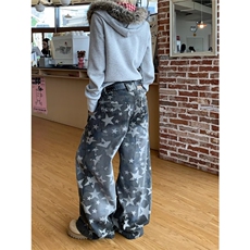 美式水洗星星印花解构弯刀牛仔裤宽松显瘦阔腿拖地裤子NZ1636，男装牛仔裤，星座516A