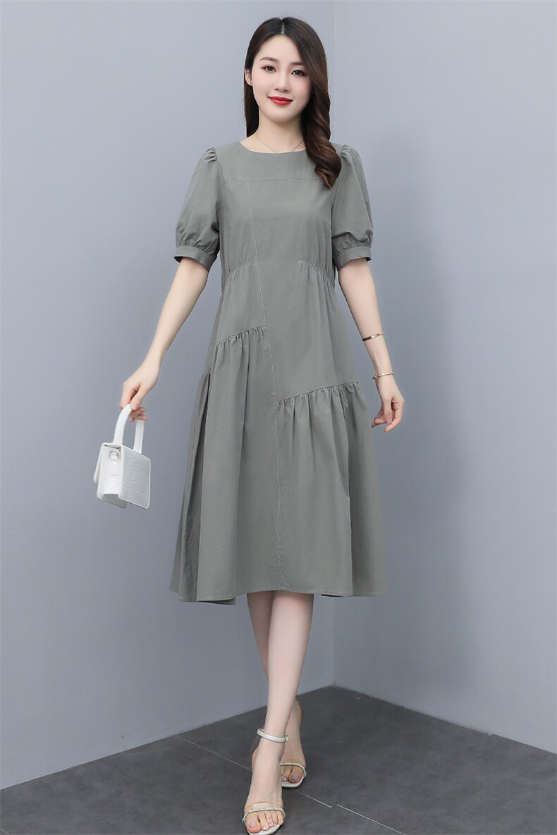 纯棉连衣裙女中长款2022夏季新款短袖遮肉显瘦时尚减龄小个子裙子,女装连衣裙,多彩