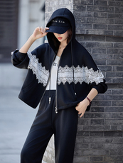 水衣源2788款时尚运动休闲连帽蕾丝拼接针织套装女，女装套装/套裙，水衣源