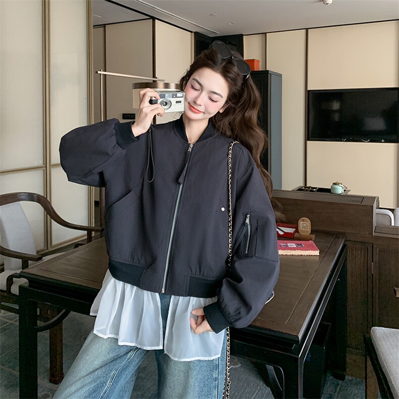 2026新款藏青色棒球服拼接网沙可脱卸夹克外套，女装短外套，纯色衣恋