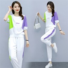 2021夏季新款简约时尚休闲气质圆领拼色舒适两件套，女装套装/套裙，秋水欣儿