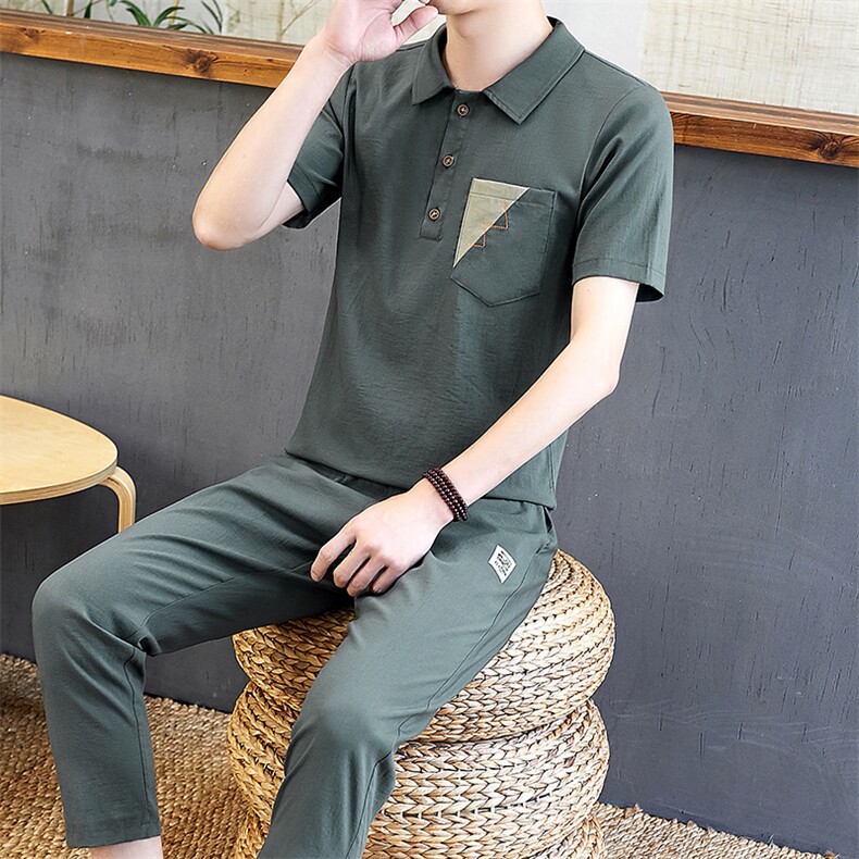 中国风男装一套搭配棉麻套装短袖t恤夏季宽松休闲两件套TZ66-P45图片