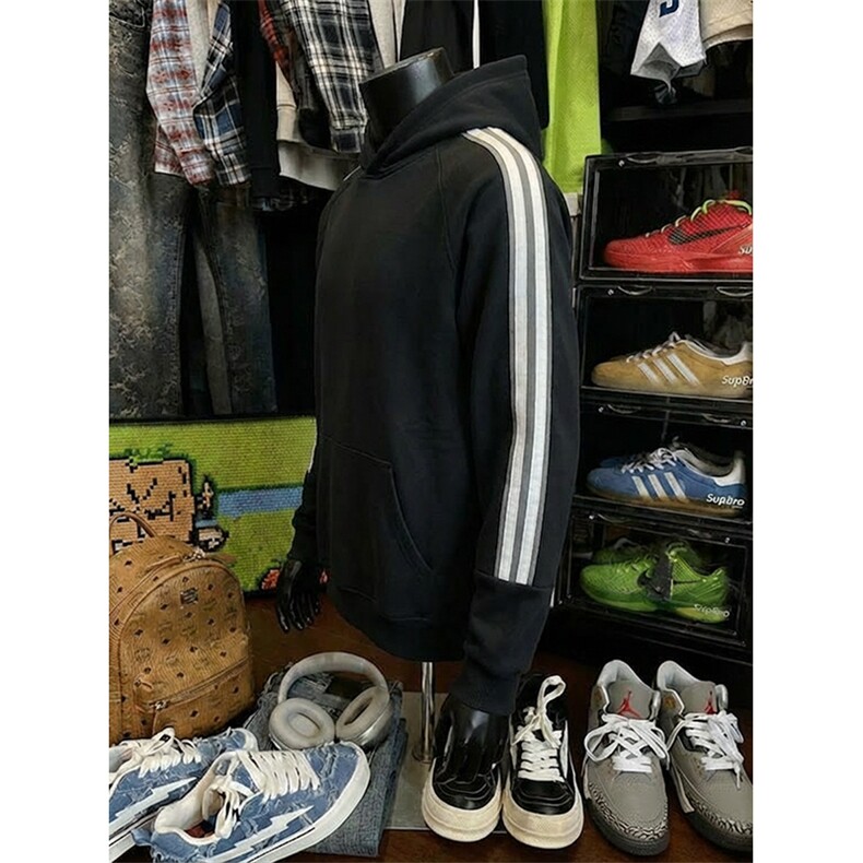 高品质春装新款男女美式高街宽松纯色拼接织带撞色连帽卫衣FM18,男装卫衣,电商A486