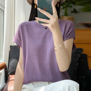 闪亮鎏金纱冰丝针织短袖女圆领亲肤透气夏季薄款宽松T恤半袖上衣图片