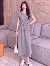 个性简约时尚套装裙女夏季新款蝴蝶结设计短袖上衣半身长裙两件套，女装套装/套裙，江南