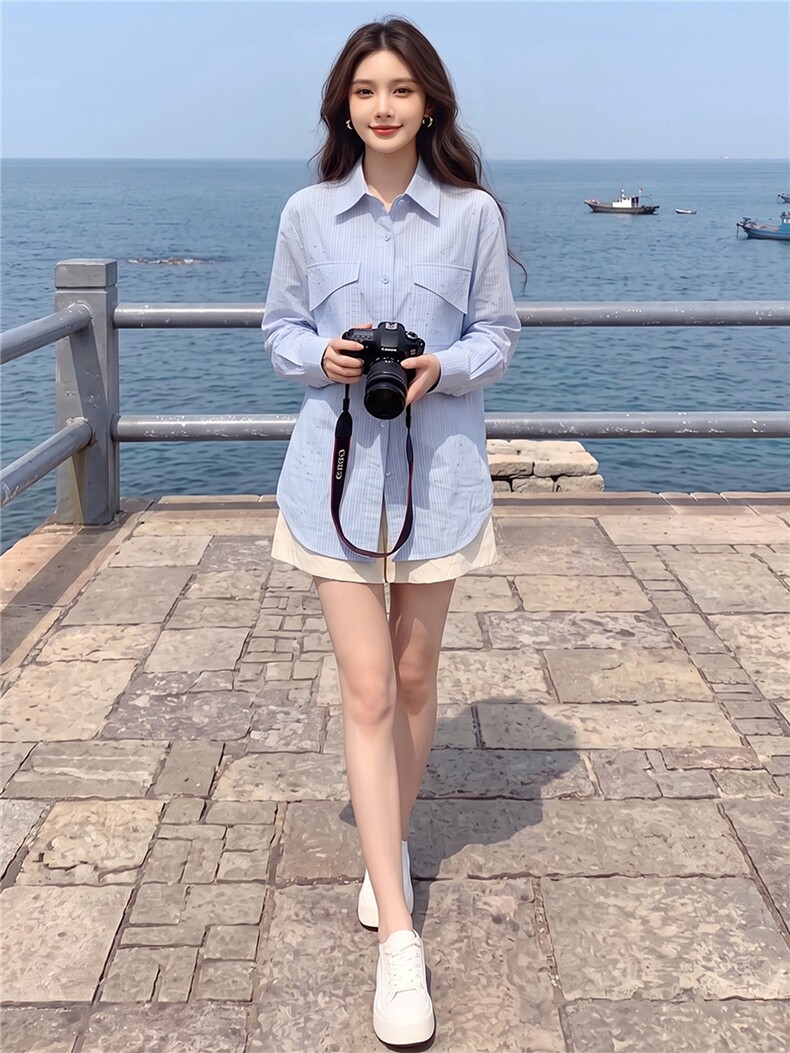 女款春秋新款设计感纯色翻领百搭单排扣宽松时尚简约小个子衬衣潮,女装衬衫,江南