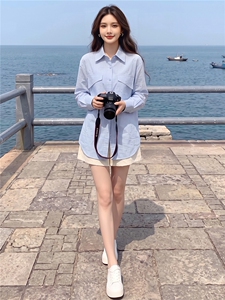 女款春秋新款设计感纯色翻领百搭单排扣宽松时尚简约小个子衬衣潮图片