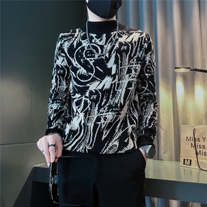 高级感痞帅提花半高领毛衣修身社会小伙店主风301C-M78-P78控108图片