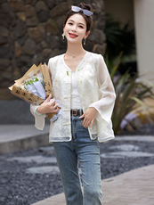 现货小香风刺绣薄款喇叭袖外套女2026夏季新款新中式蕾丝防晒衣，女装短外套，木橙西子