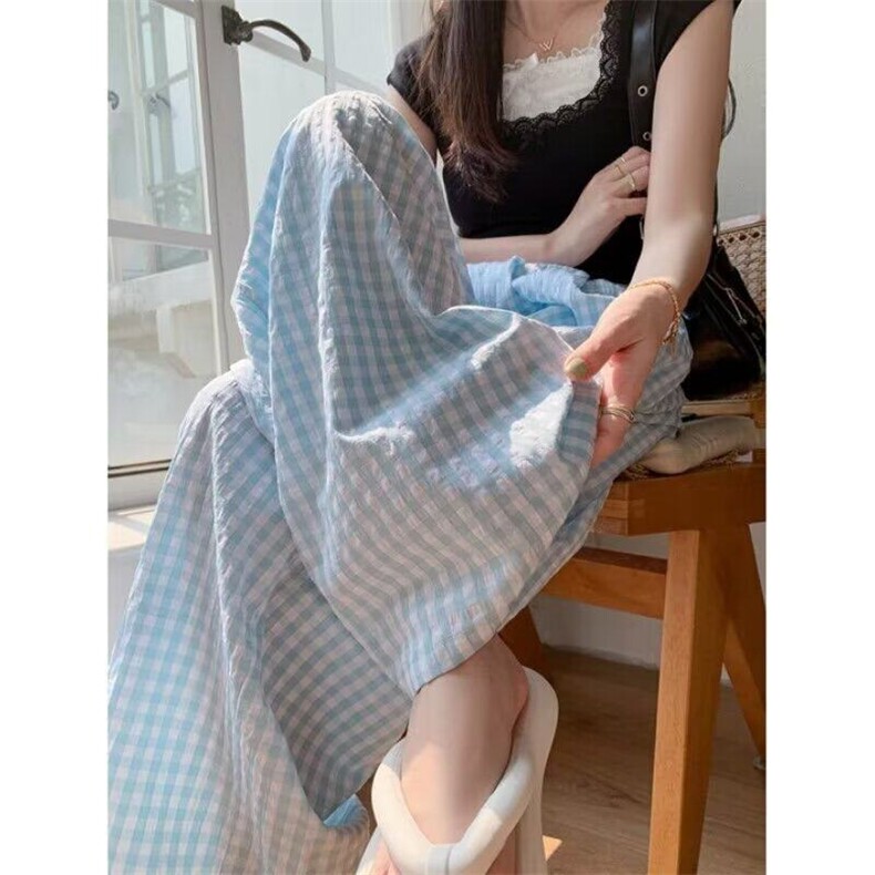 阔腿格子裤女春夏2026新款休闲裤子高腰垂感慵懒风小众窄版直筒裤,男装休闲裤,星座601-1