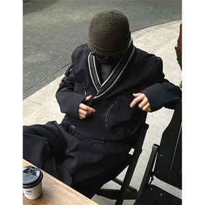 黑色V领夹克纽扣拉链休闲外套衬衫长袖 JLS181图片