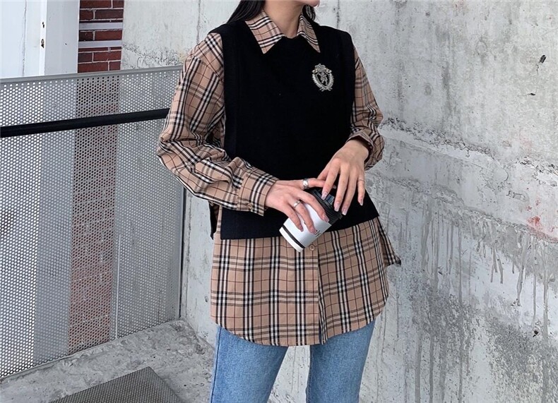 春季新款针织格子衬衫两件套，女装衬衫，爱娜.悦儿