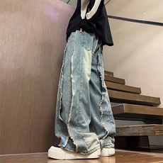美式复古水洗做旧毛边牛仔裤潮牌拼接设计感宽松休闲阔腿裤，男装牛仔裤，星座410-6（原星座1304-1）