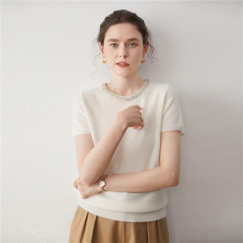 2025年秋季新款百搭女士镶钻短袖，女装羊绒衫，蒂暖羊绒