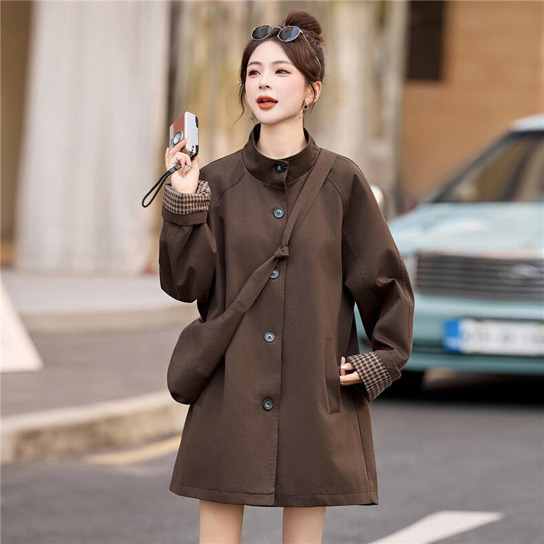 风衣女中长款2025秋季新款今年流行爆款巨好看的韩系休闲立领外套,女装风衣,牡丹诺
