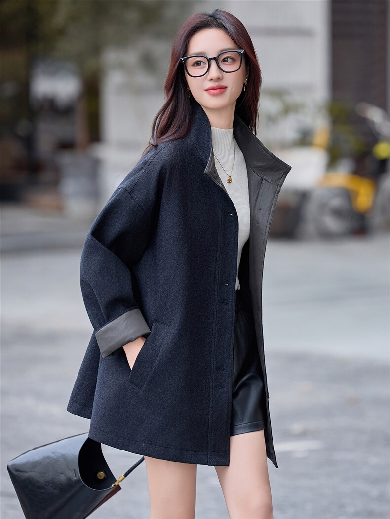 赫本风设计感灰色羊毛大衣女2025年秋冬季宽松休闲遮肚毛呢外套,女装毛呢外套,靓衣阁