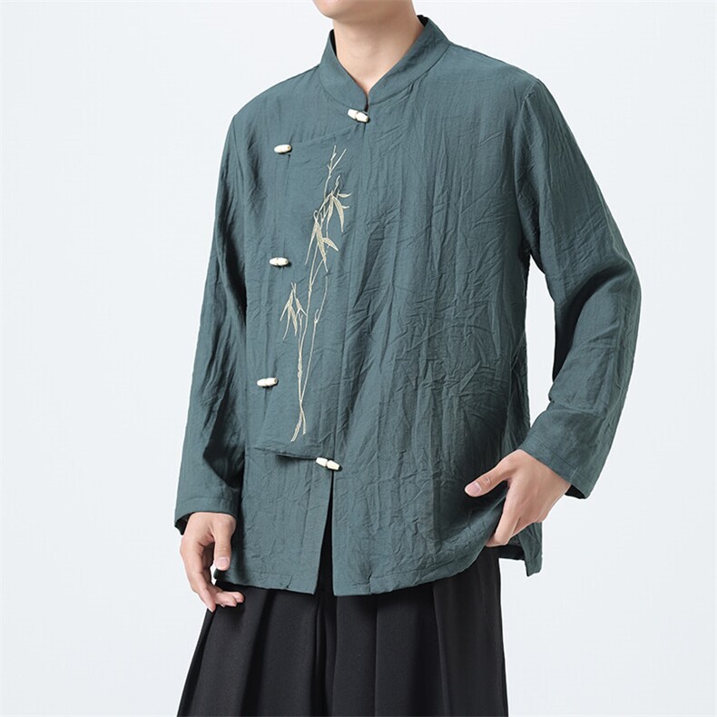 风（折枝金竹）棉麻混纺绣花木头扣大码宽松长袖衬衫男女款,男装衬衫,星座305A（原312A-1）