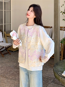 紫色高级感撞色刺绣风马甲小衫套装两件套女早春秋两面穿马夹图片