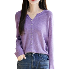 25春夏薄款V领卷边针织开衫女精纺羊毛纯色长袖毛衣宽松休闲上衣，女装蕾丝衫/雪纺衫，暖烁特种纱工厂店