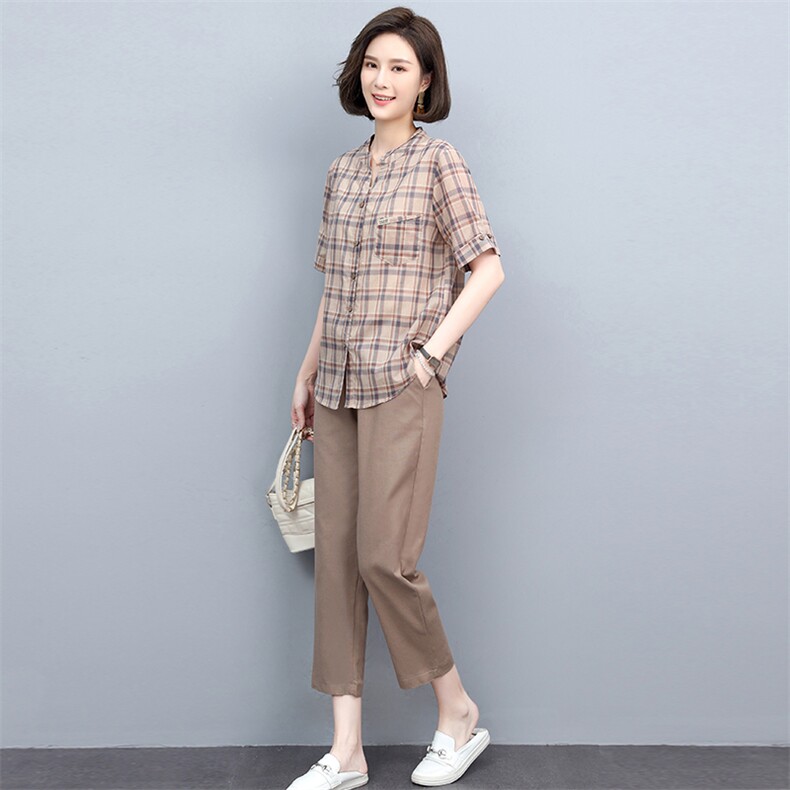 时尚套装女夏装两件套棉麻格子衬衫洋气矮个子显高减龄亚麻休闲裤图片